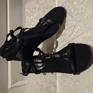 Bandolino 'Brightenup' Strappy Leather Black & Gold Women's Wedge Sandals Size 7